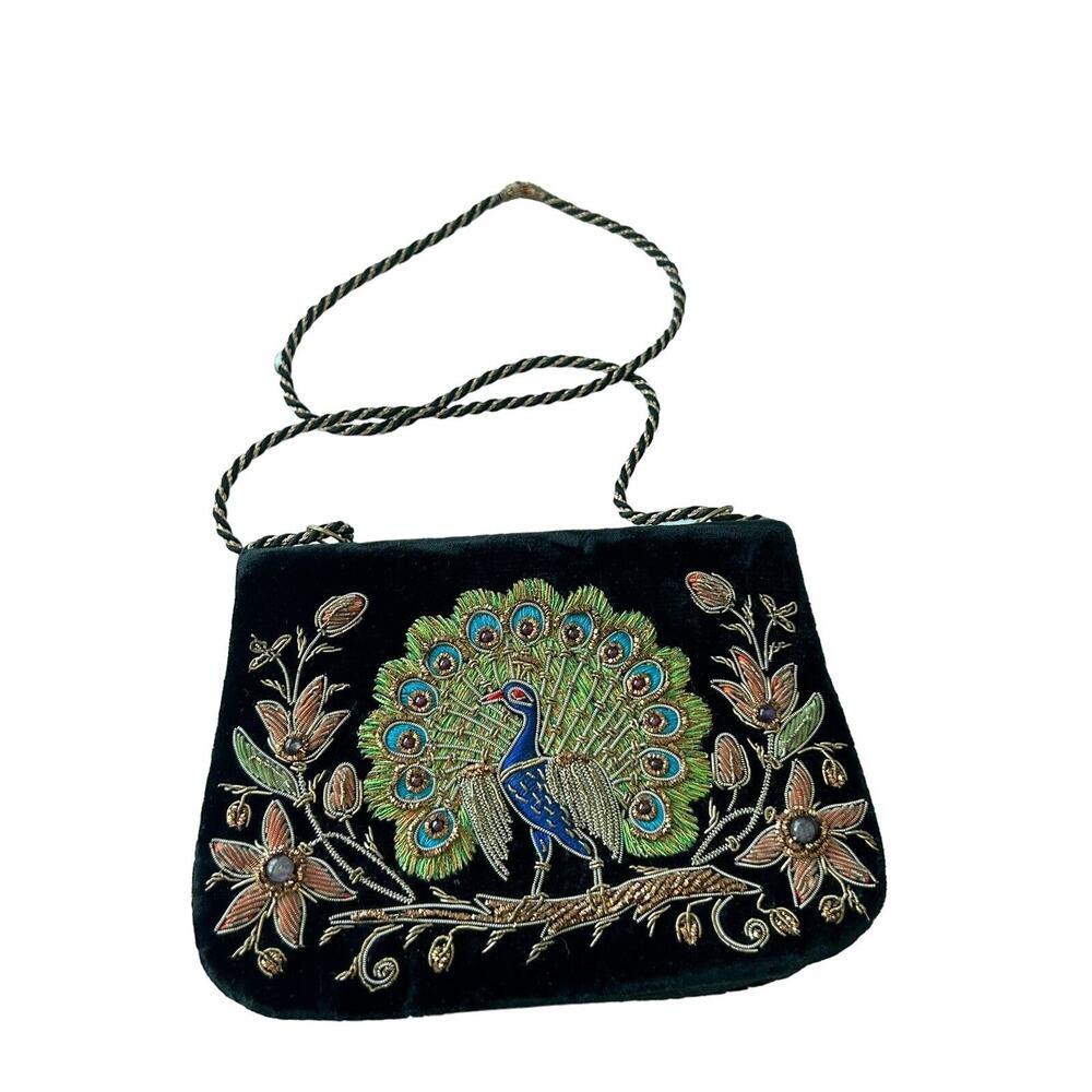 VTG Kane Purse Peacock Small Wire Thread Embroidered Velvet Multicolored 7.5x5.5